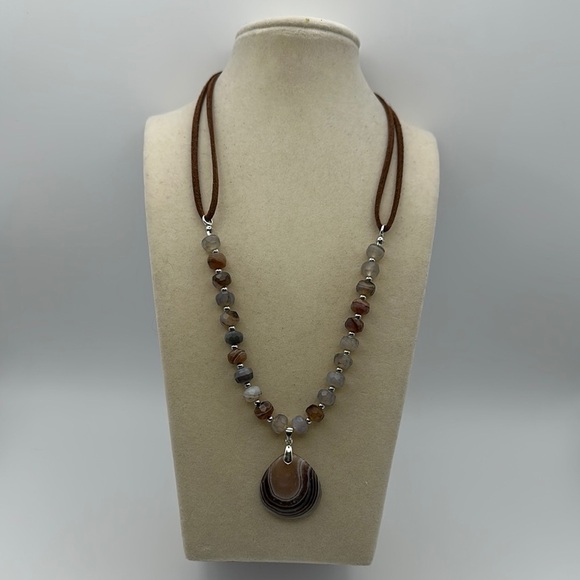Botswana Agate Pendant and Beaded Necklace on Brown Faux Leather Double Rope - Picture 2 of 15